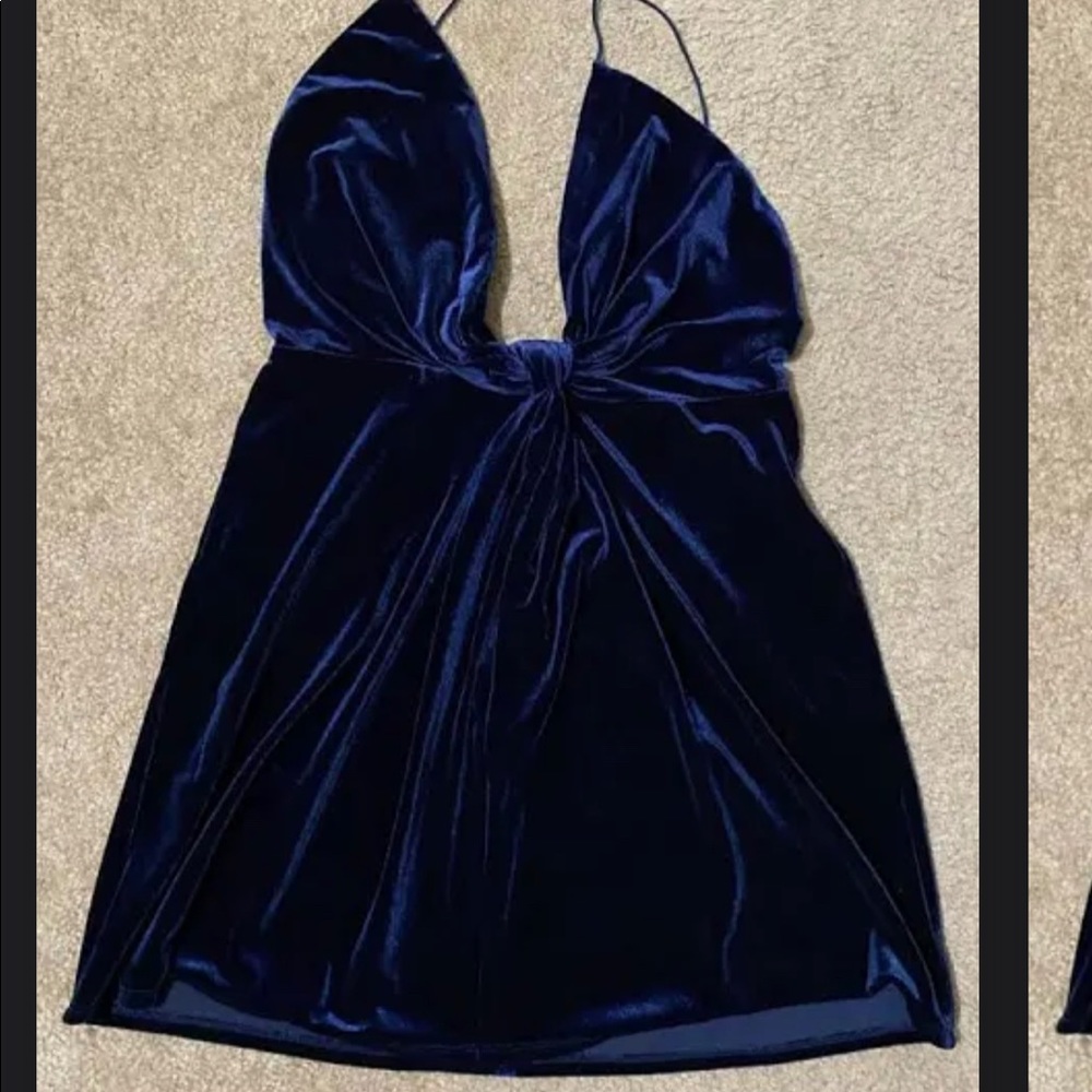 Blue velvety low back and low v mini dress